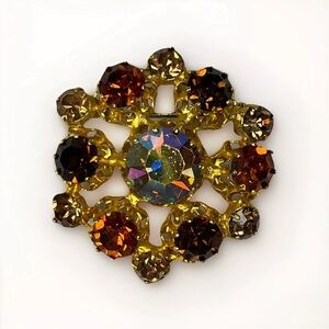 Vintage Flower Amber Purple AB Rhinestone Gold Tone Brooch Signed STAR Austria
